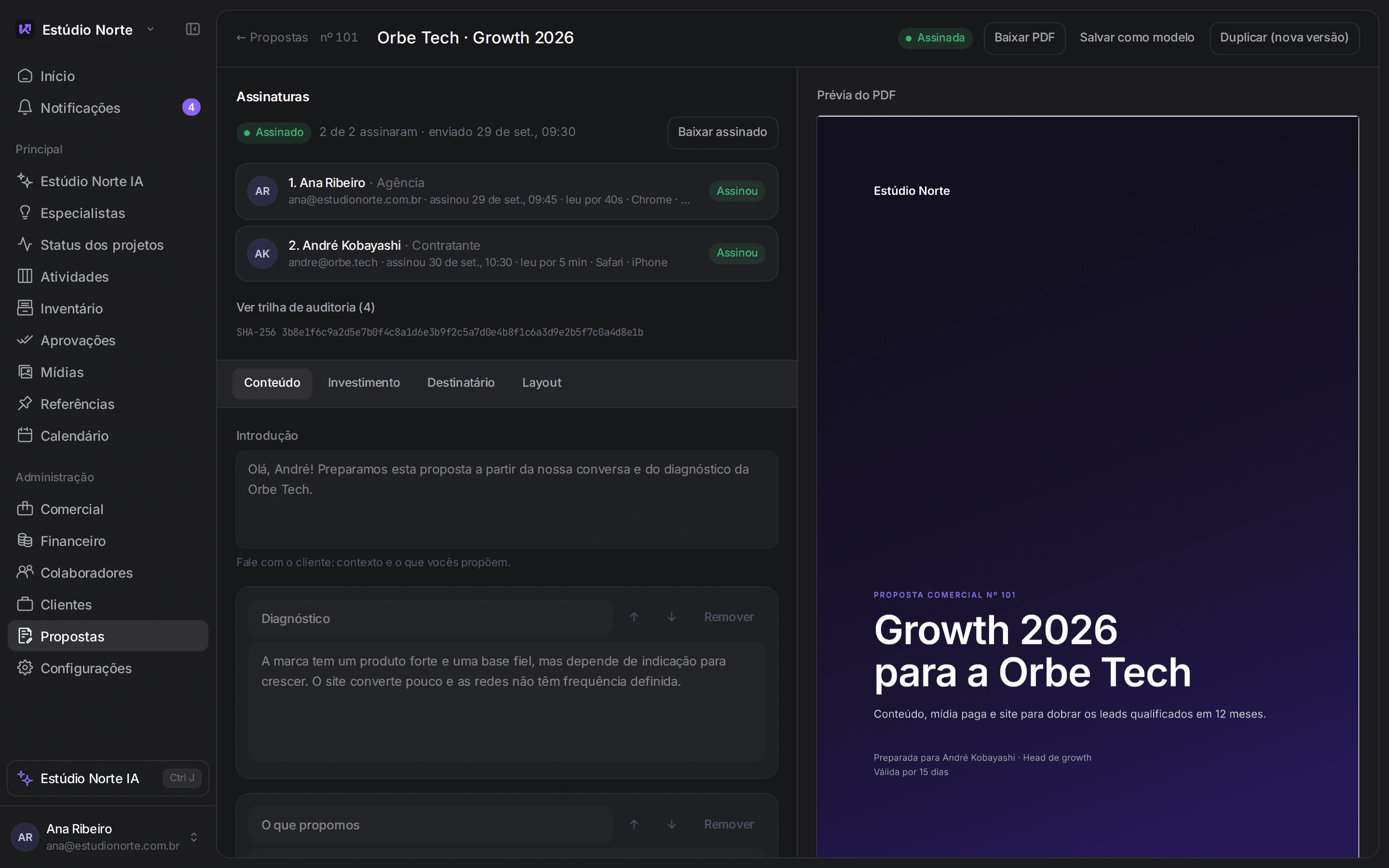 Proposta comercial assinada eletronicamente, com trilha de auditoria