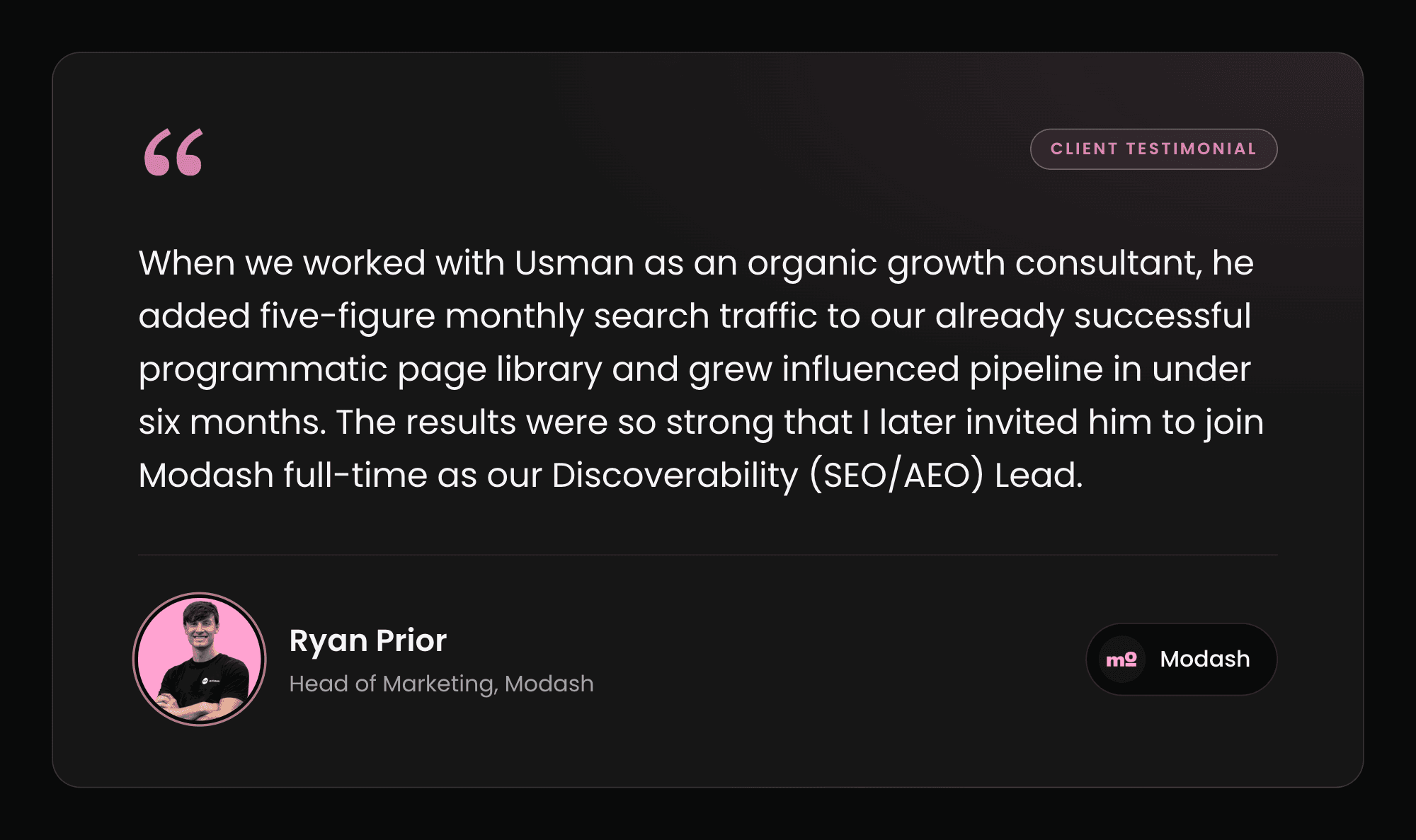 Testimonial from Ryan Prior, Head of Marketing at Modash