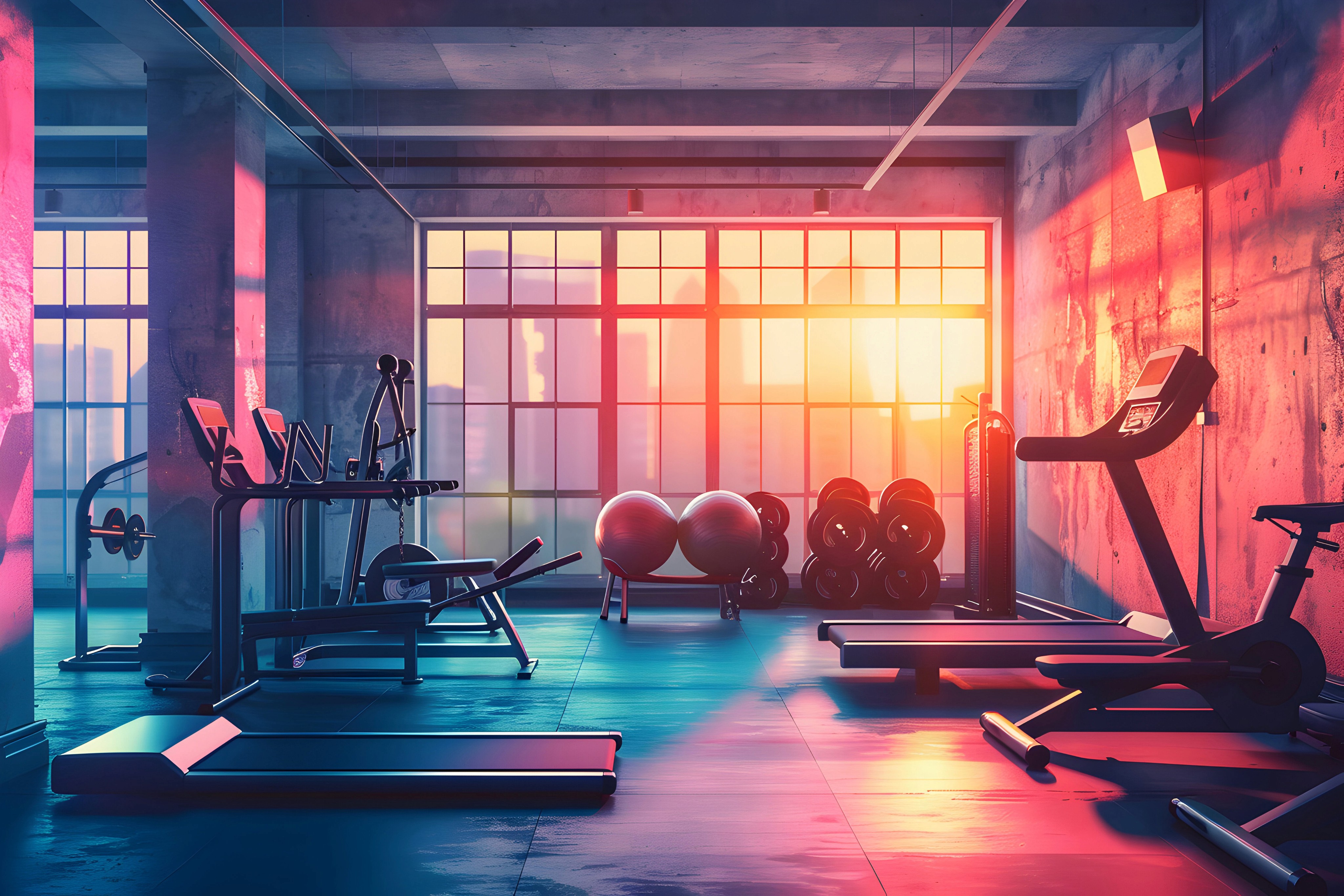 Modern empty gym with equipment lit by sunrise through large windows.