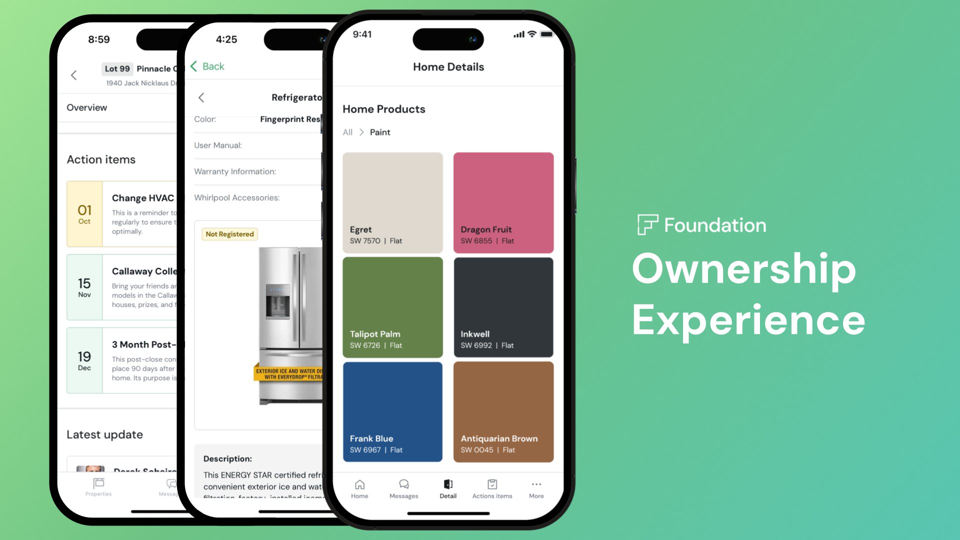 Mobile app interfaces displaying home ownership details, product information, and maintenance tasks for users.