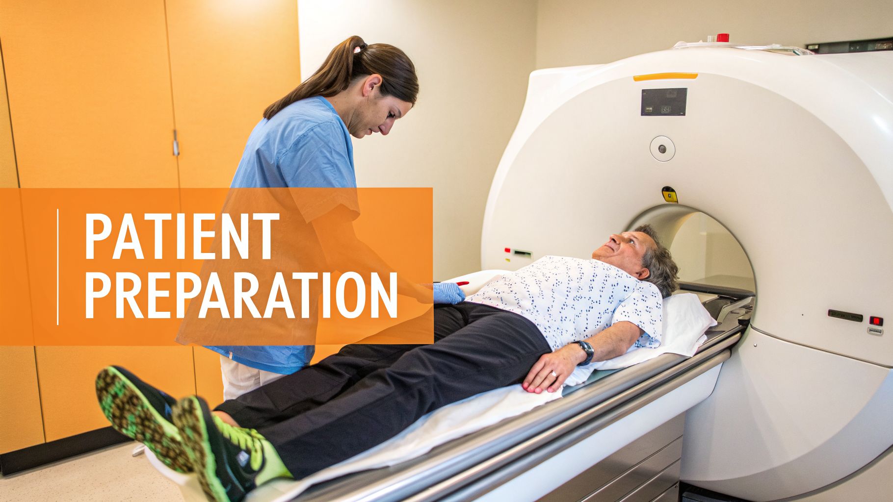 A medical professional prepares a male patient lying on an MRI or CT scanner bed for a procedure.