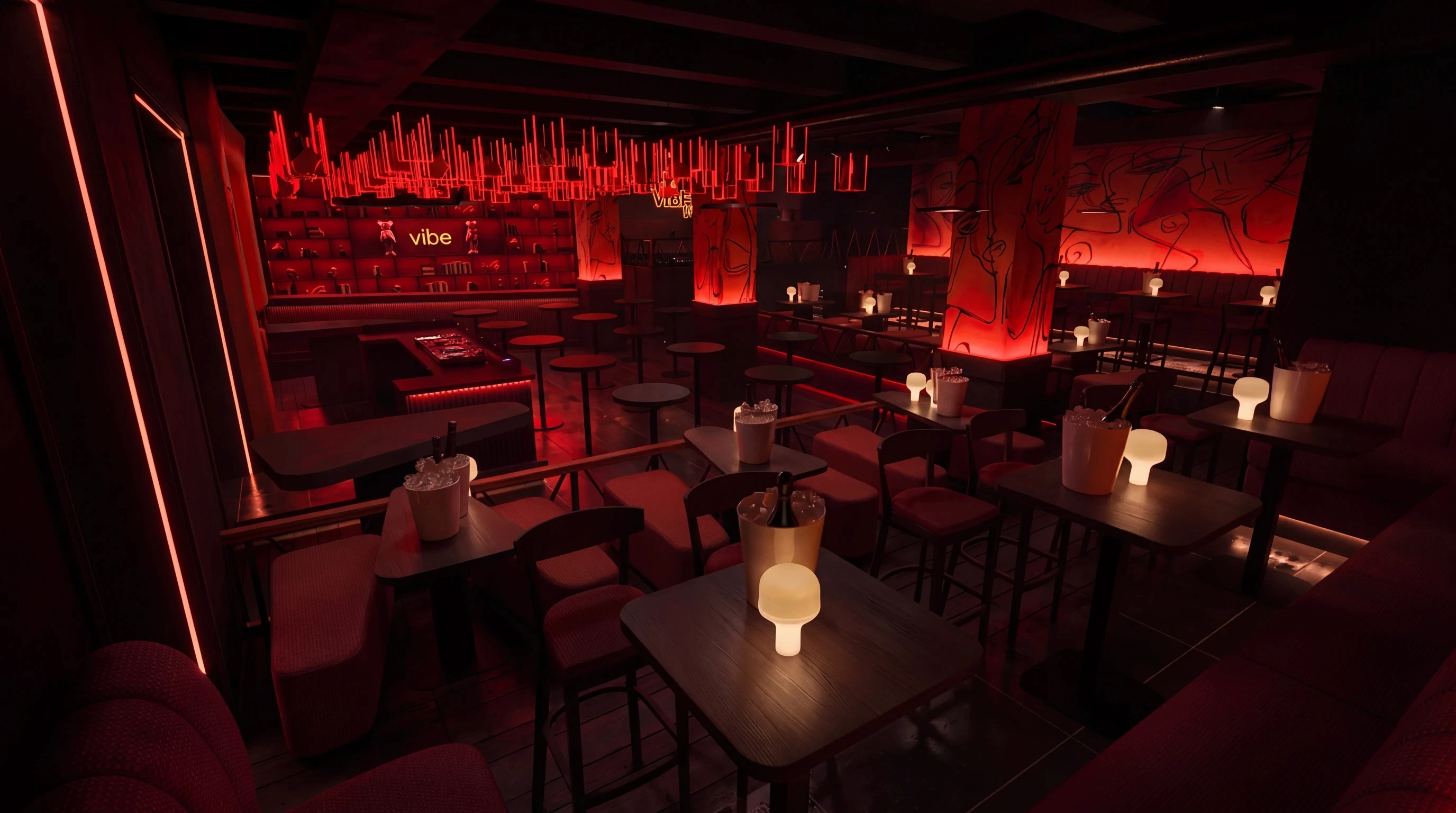 Silhouettes of people in a club under red light
