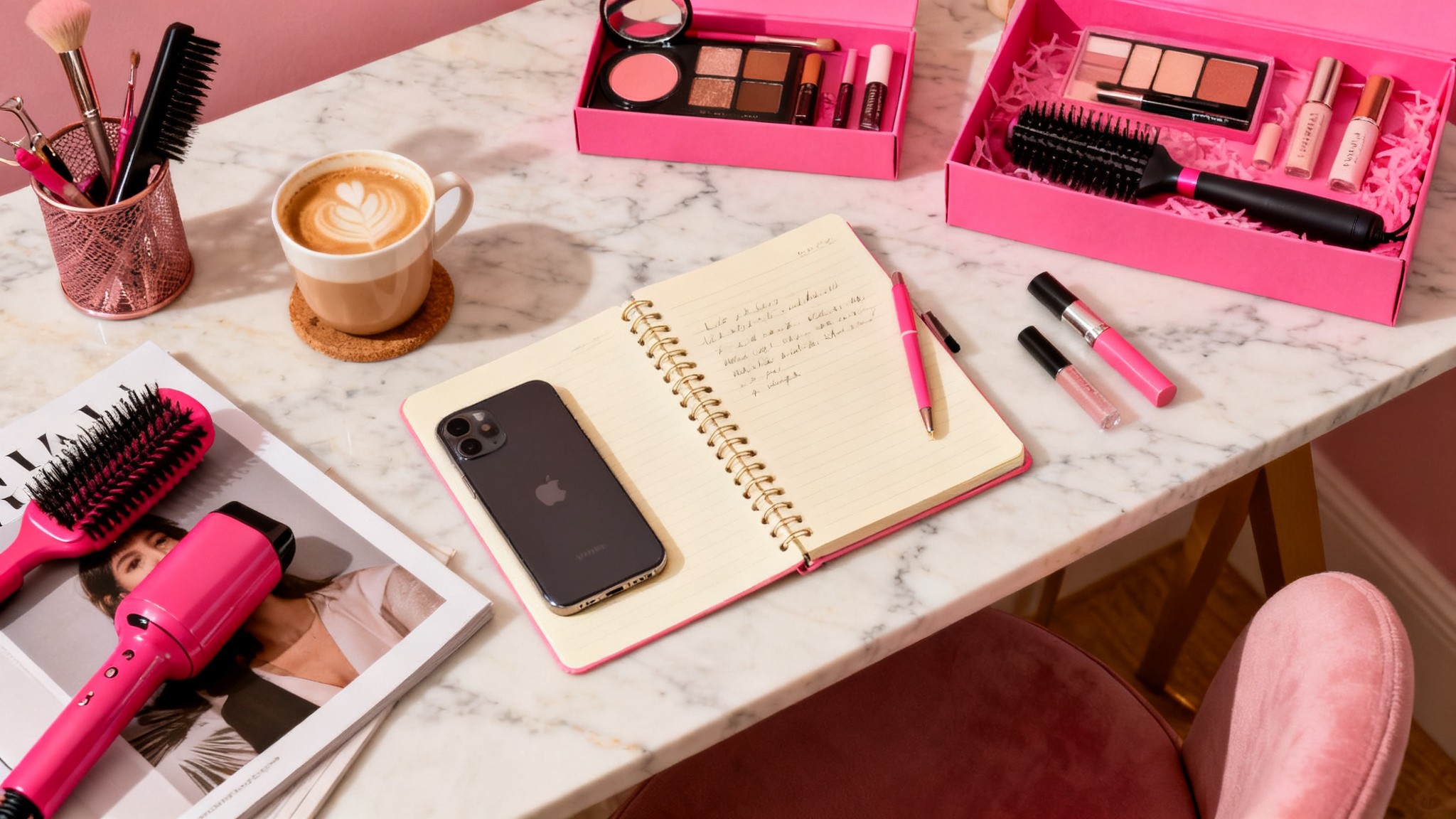 Cream-and-pink editorial flat lay with phone, notebook, and styled coffee on a marble desk