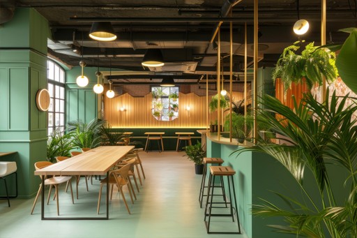 Stylish indoor café with plants and hanging lights.