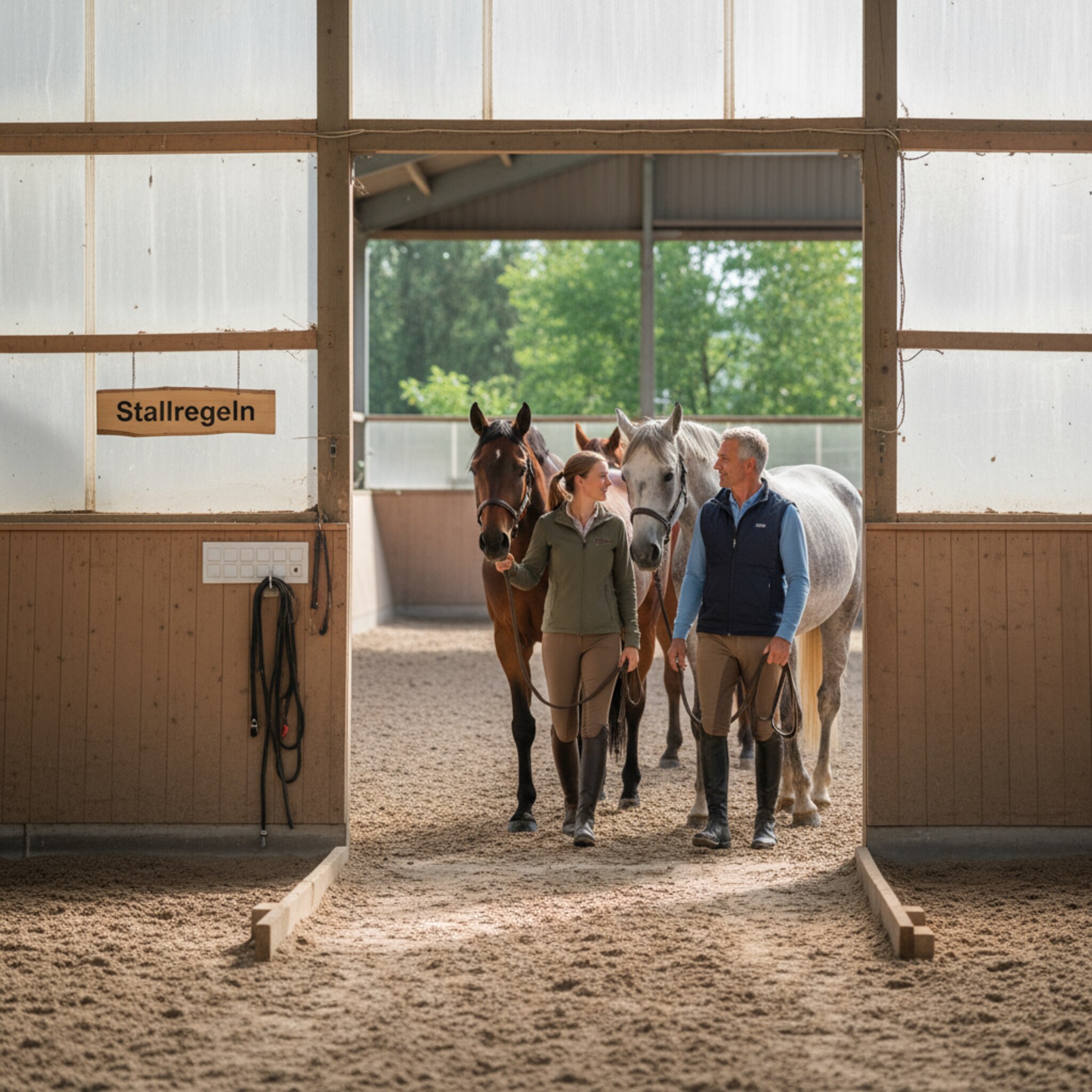 Am Eingang der Halle hängt ein gut lesbares Schild mit Stallregeln neben der Lichtschalterleiste. Reiter halten kurz an, nicken sich zu und führen ihre Pferde geordnet hinein. Ein sauberer Weg markiert den Ein- und Auslass. Die Atmosphäre ist ruhig, respektvoll und klar geregelt.