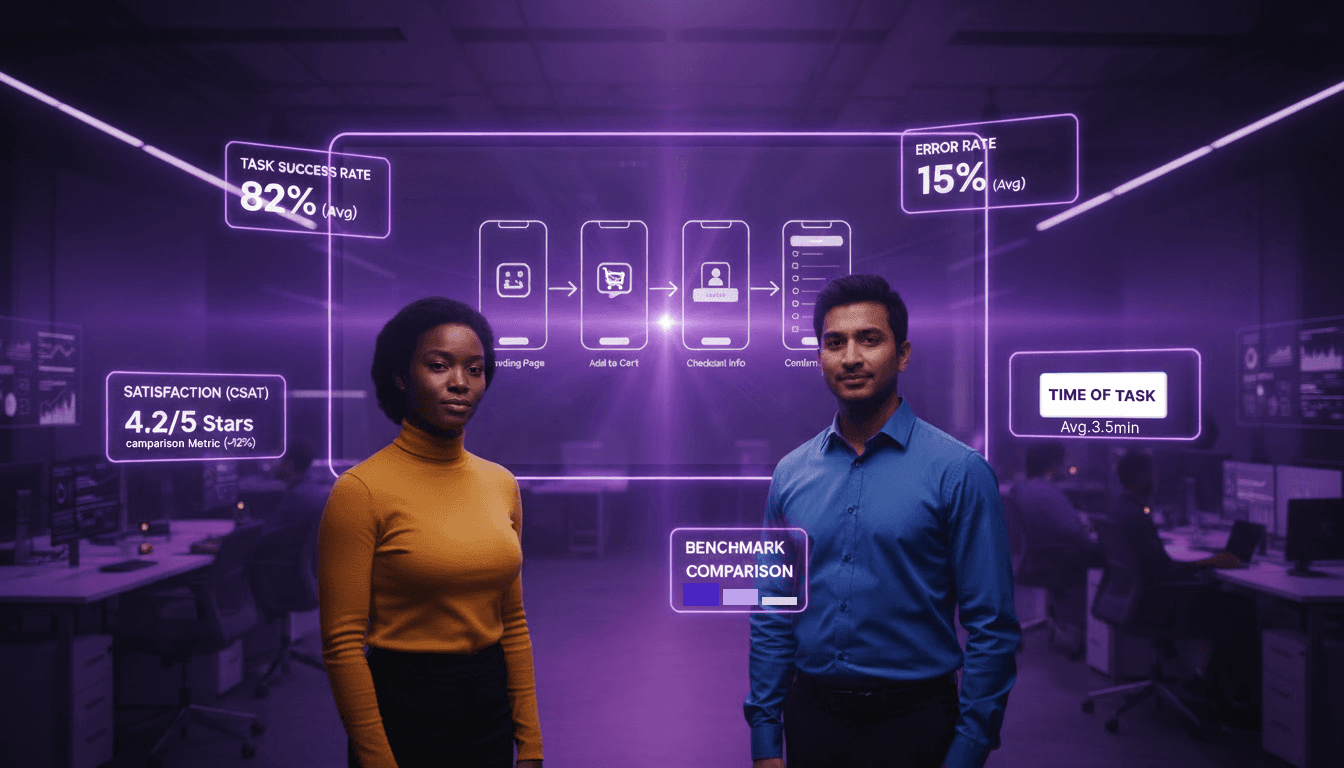 Team standing in front of a digital usability dashboard showing task success rate, error rate, time on task, satisfaction score, and benchmark comparison around a product flow.