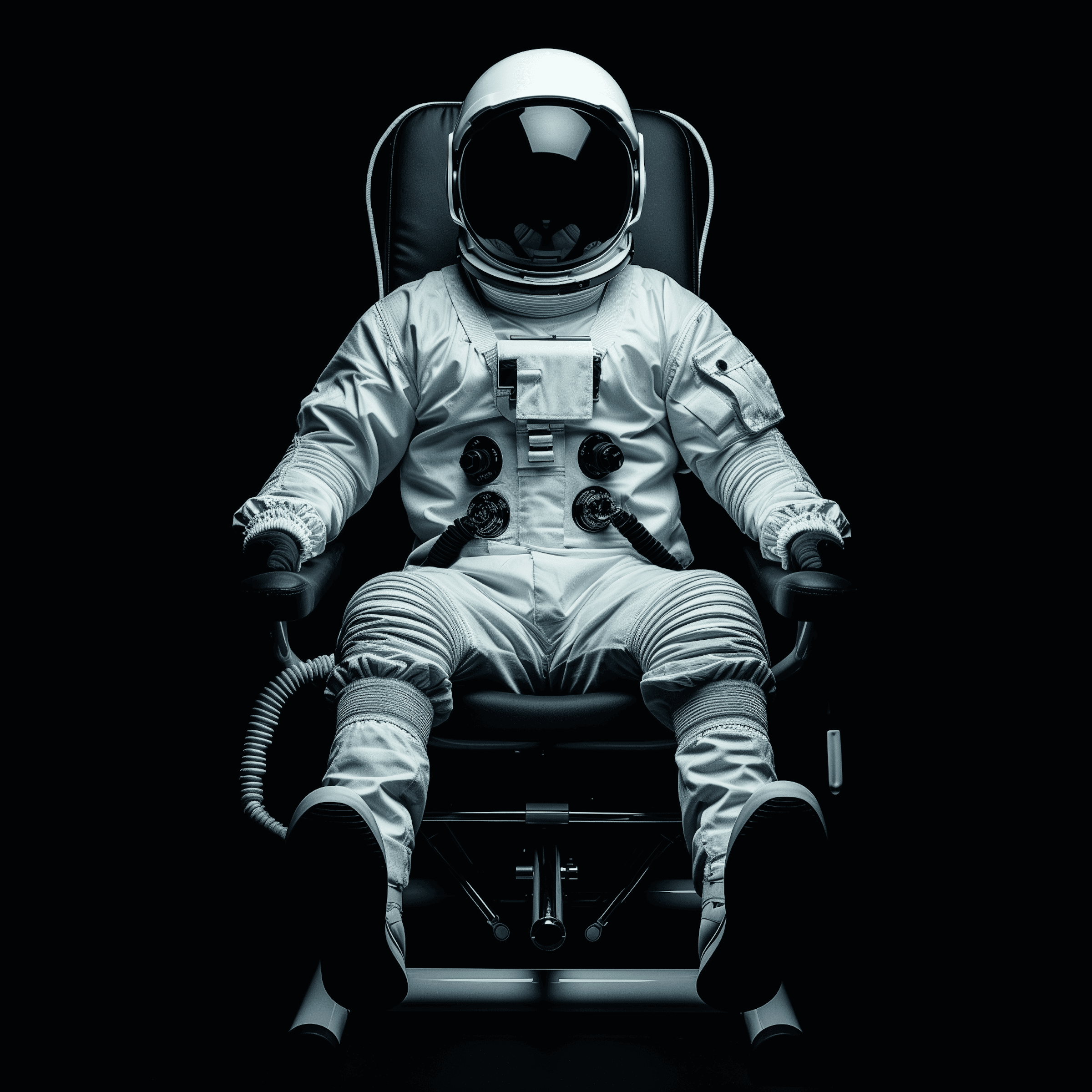 Astronaut seated in training chair wearing space suit