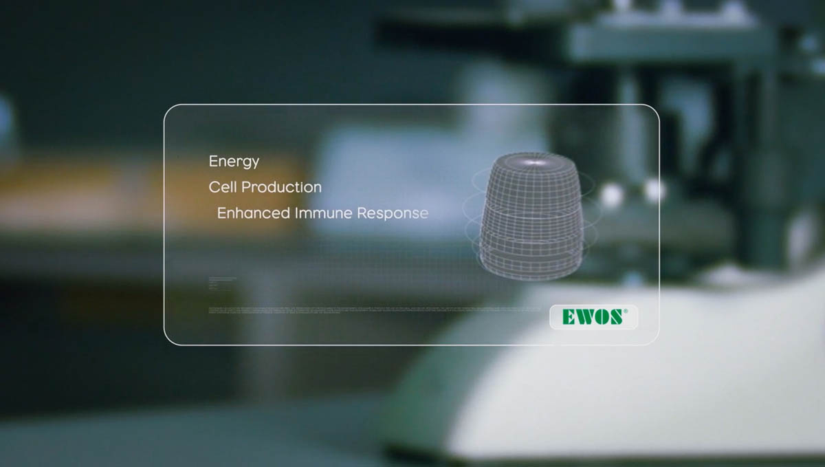 EWOS product graphic showing energy, cell production and enhanced immune response
