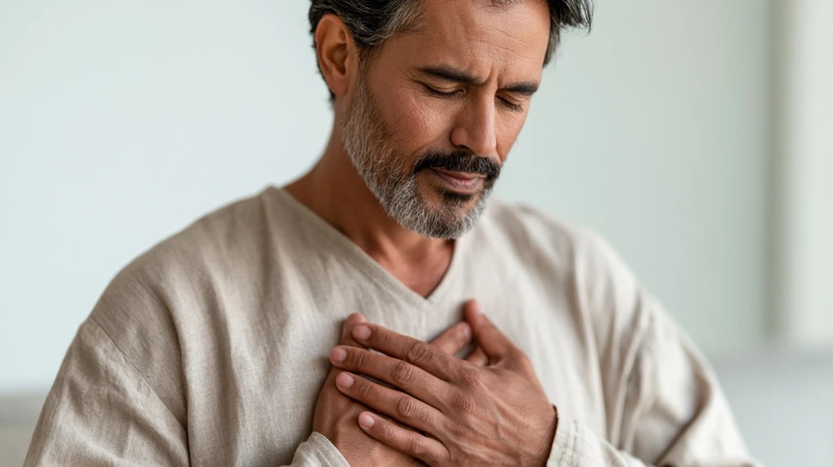 A man holding two fingers against his sternum while humming with his mouth closed.