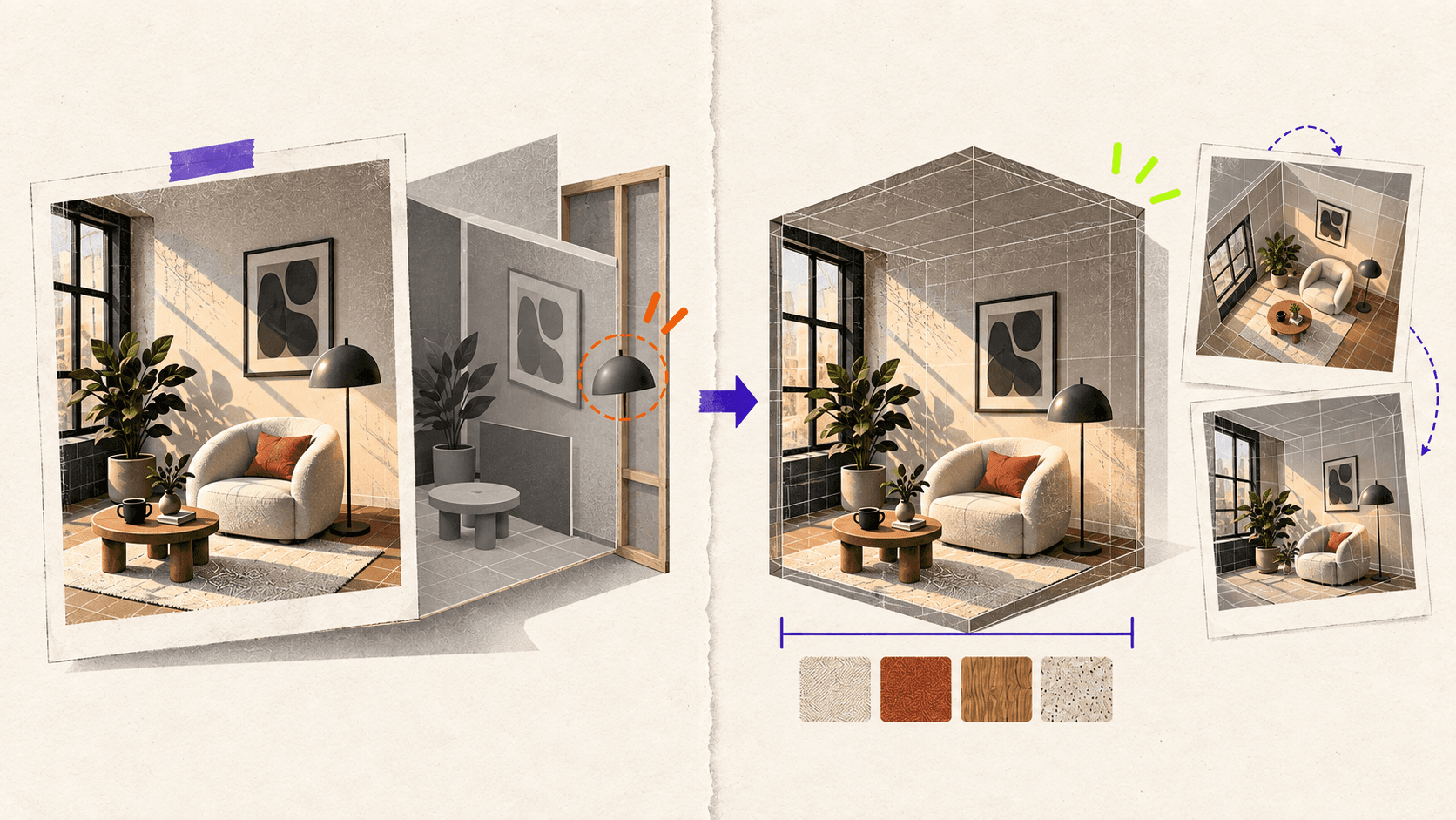 A polished scene that works from one camera reveals unfinished geometry when rotated, while a clean version remains complete from multiple angles.