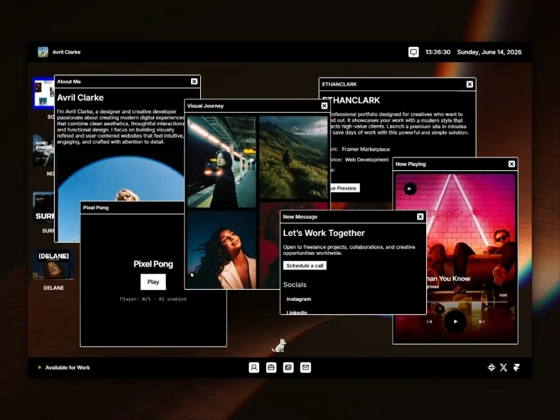 Deskfolio Framer template displaying multiple draggable windows for portfolio projects, bio, music player, and contact form