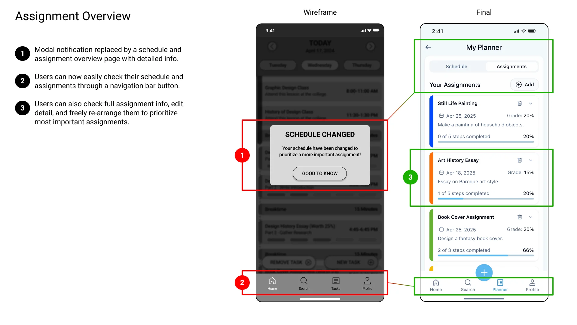 Image showing assignment overview screens of the app. From wireframe to final prototype version.