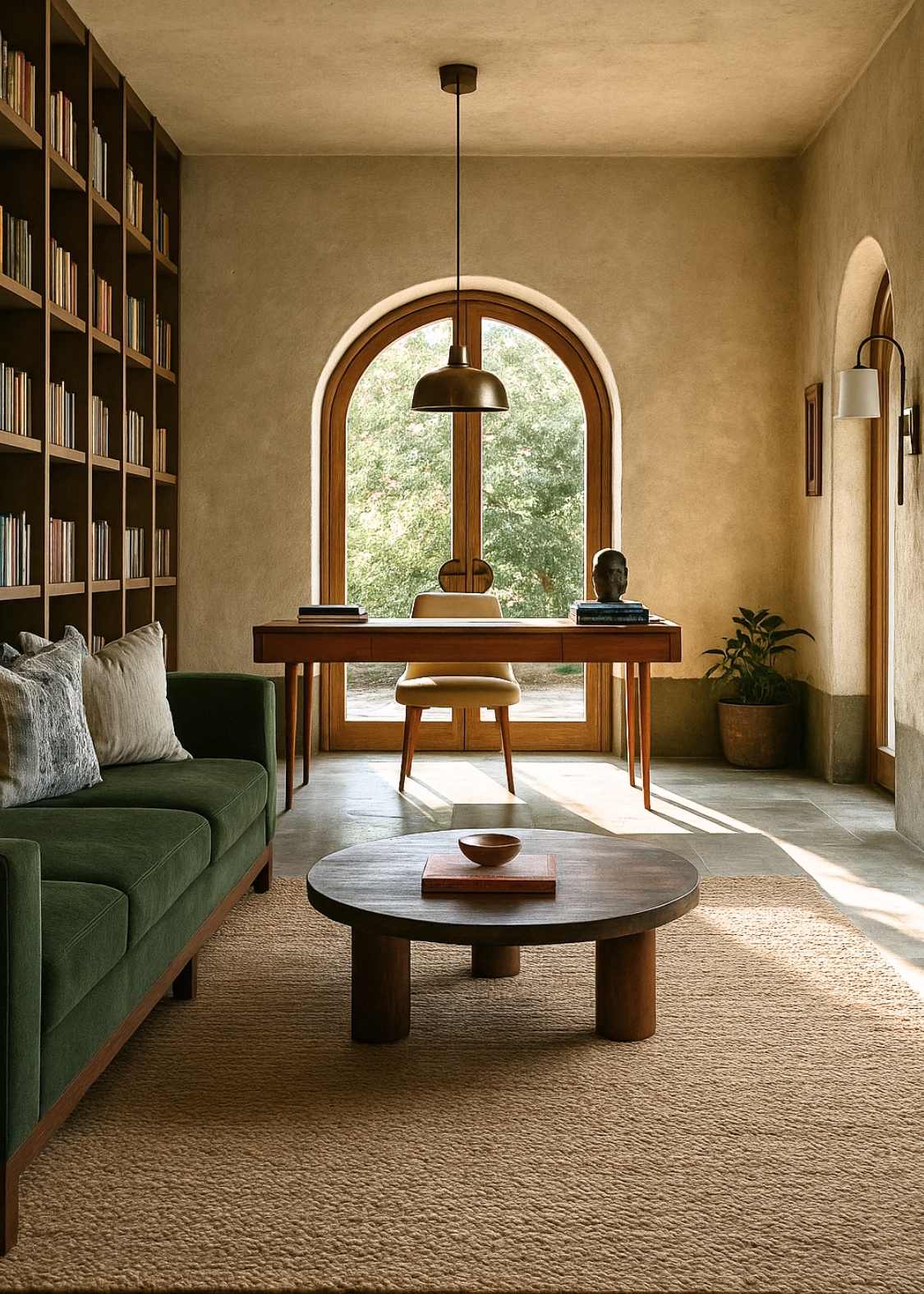 Casa D’Oro interior office design with a Mediterranean aesthetic, featuring an arched doorway, green velvet sofa, and rustic-modern accents. 
