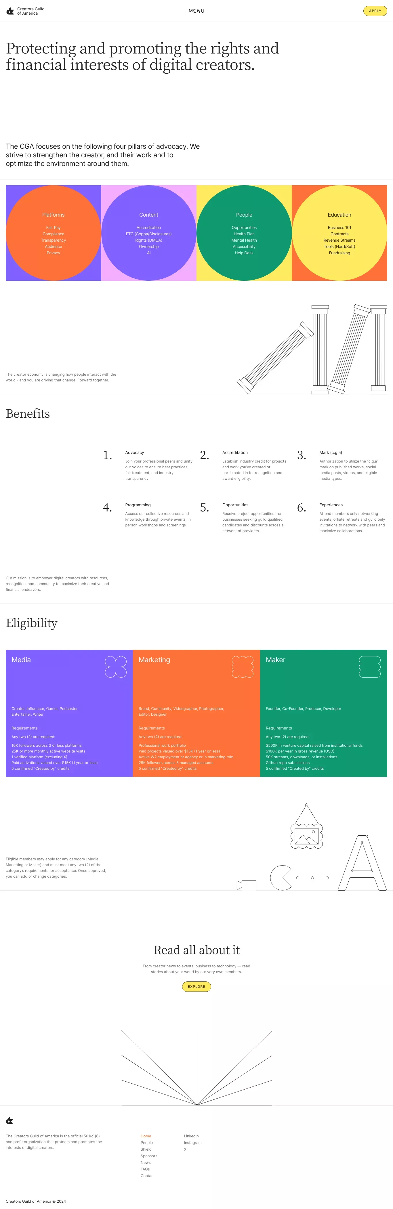 Creators Guild of America portfolio page screenshot showcasing Finance design