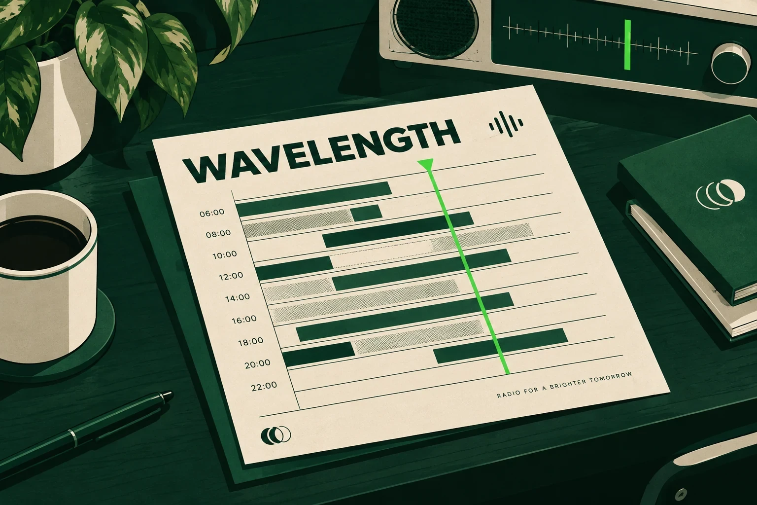 A premium printed radio programme schedule with cream paper and crisp deep green bars, exact heading WAVELENGTH, dark green desk