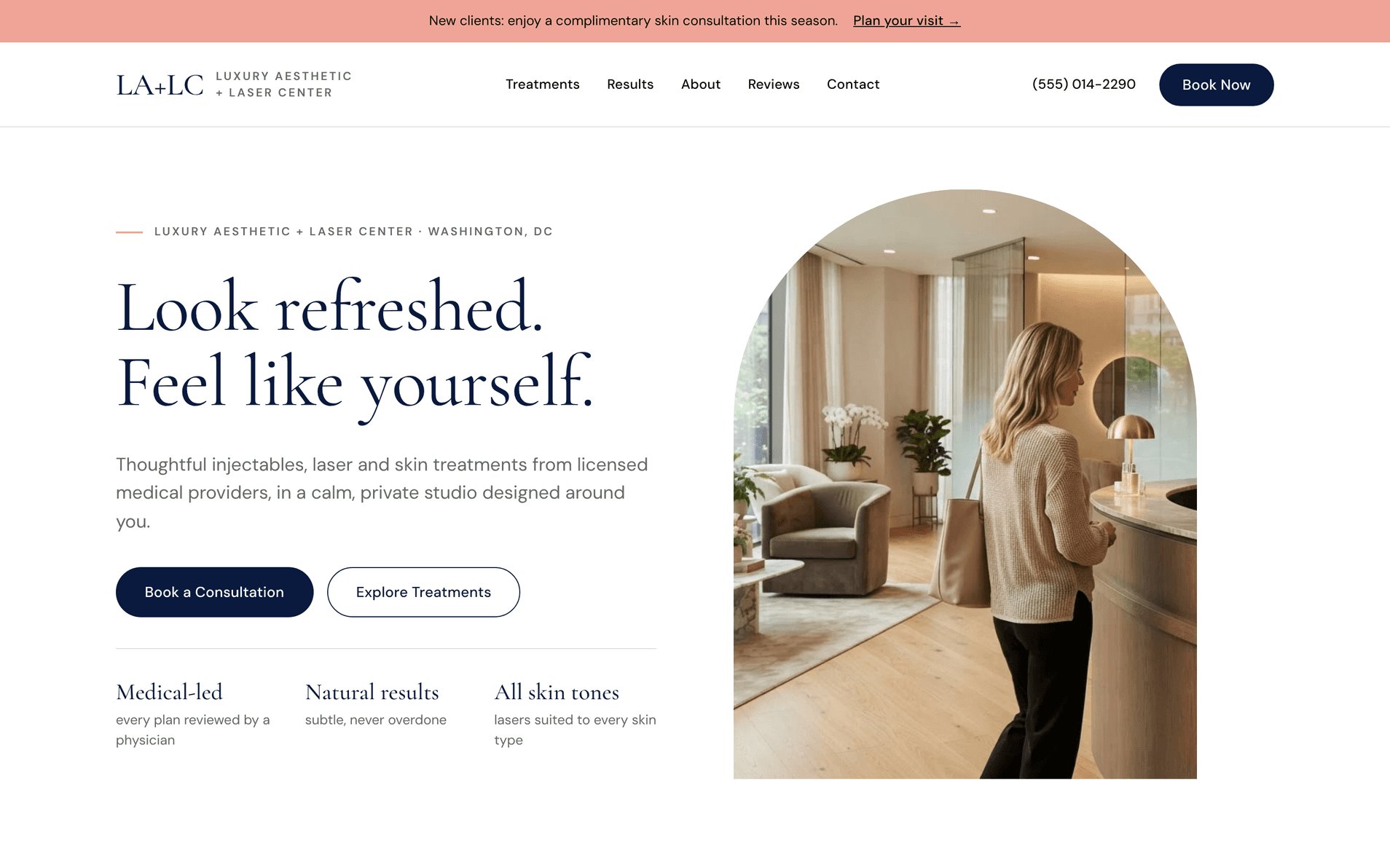 Med spa demo homepage hero with booking call to action