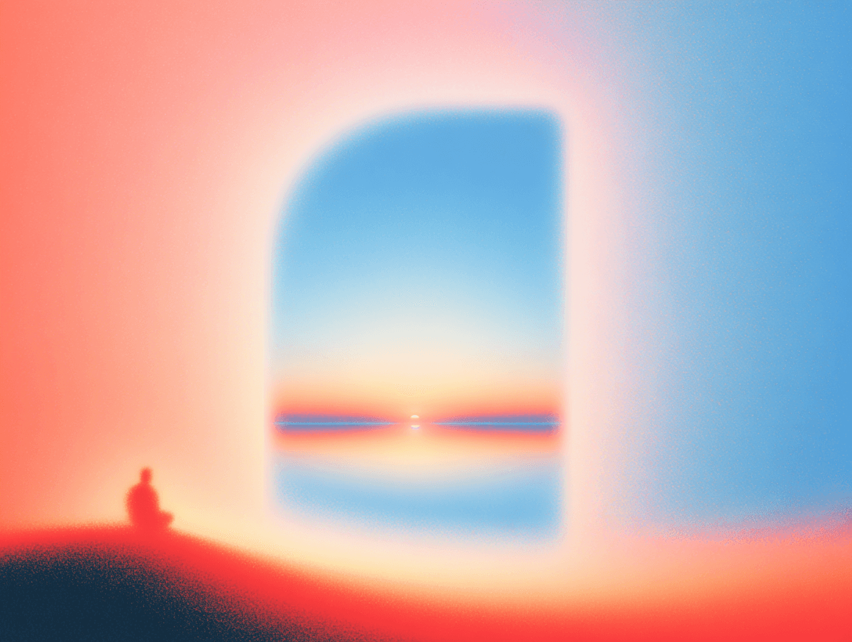 Silhouette of person meditating facing a glowing window over water.