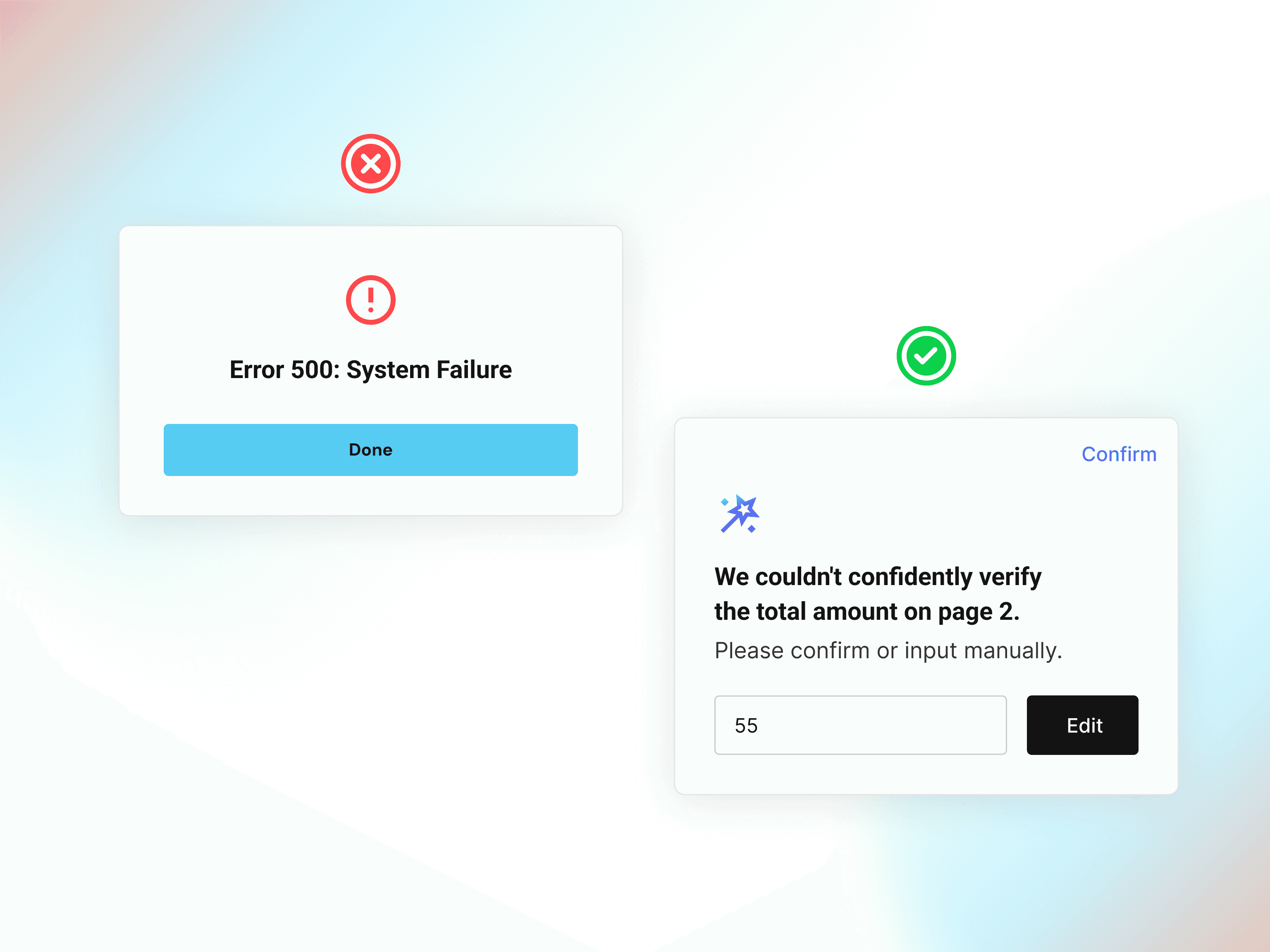 An enterprise dashboard interface demonstrating smart friction in UX design, featuring an anomaly warning pop-up box that slows the user down during batch invoice processing to prevent automated errors.