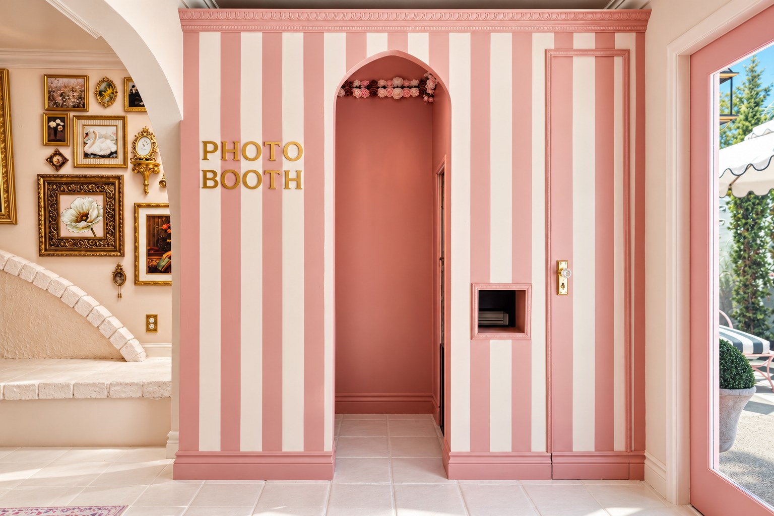 Pink and white striped photo booth