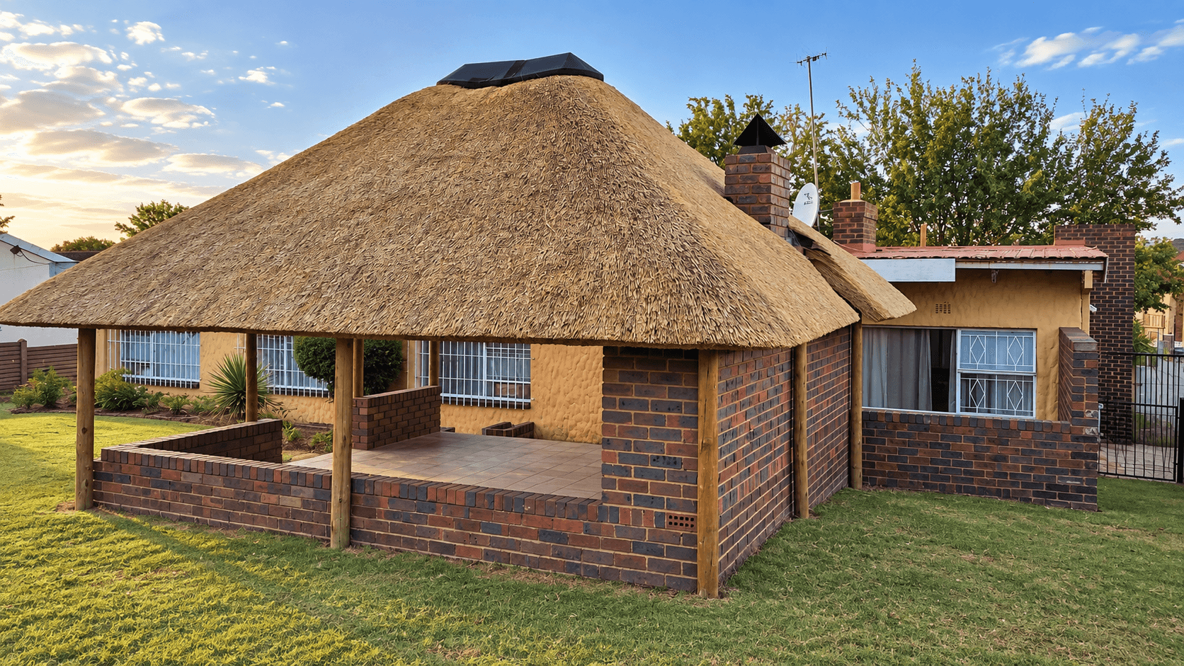 Residential property featuring a traditional thatched roof, covered patio, brick walls and landscaped garden under a clear blue sky.