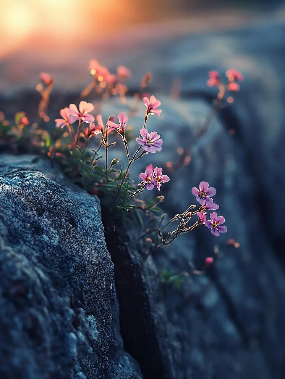 Fleurs qui poussent entre les rochers, symbole de résilience et de reconstruction