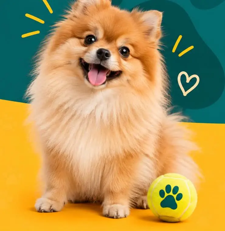 Lulu da Pomerânia feliz com uma bolinha de tênis