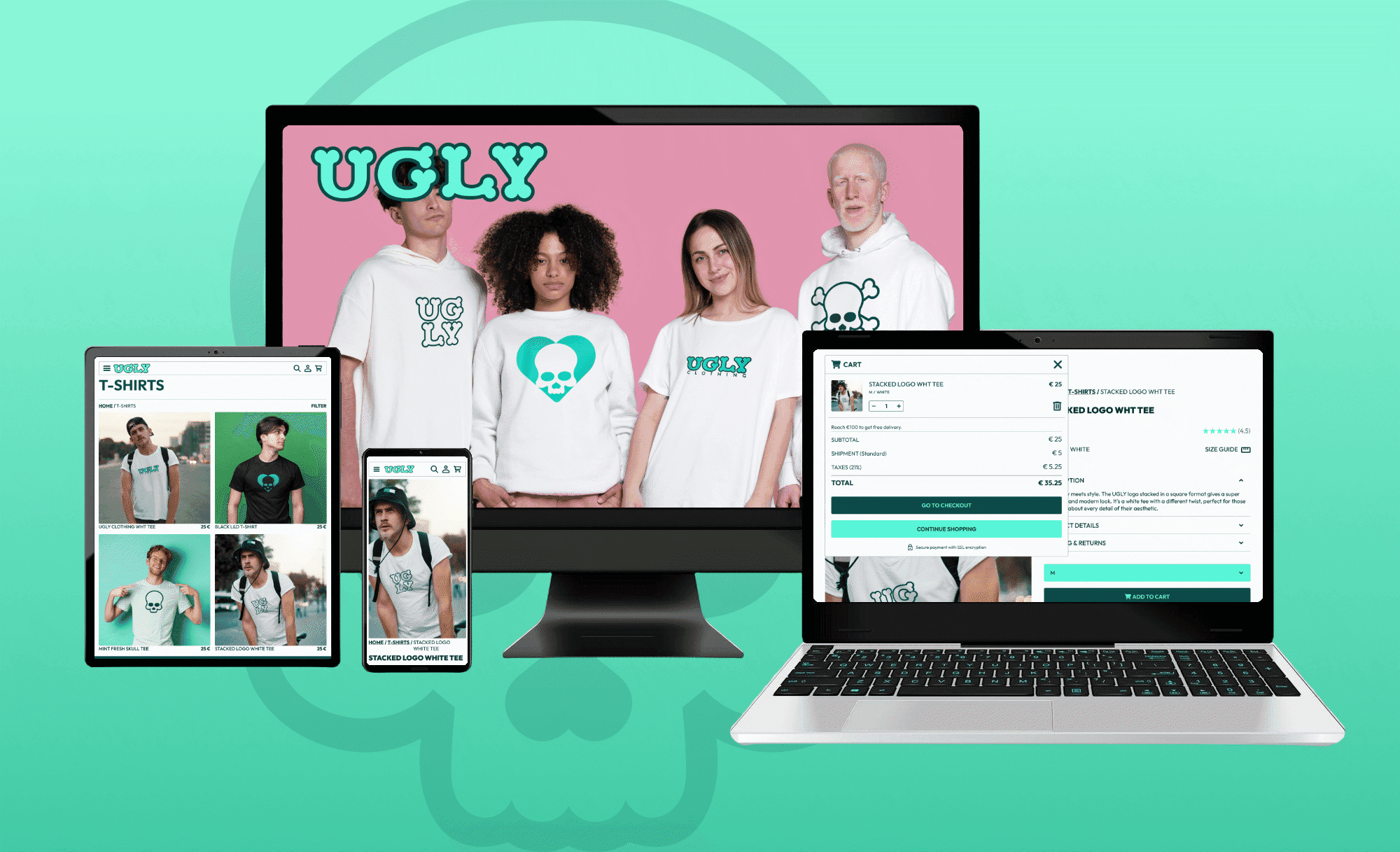 Desktop, laptop, tablet and mobile devices presenting home page and collection page view