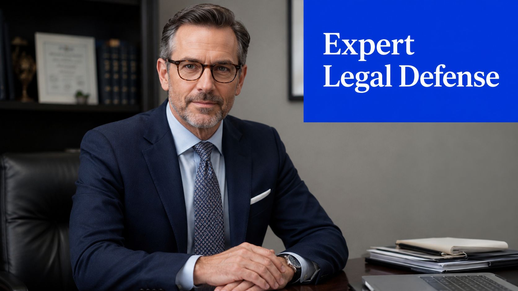 A professional male attorney in a suit sitting at a desk with an Expert Legal Defense sign.