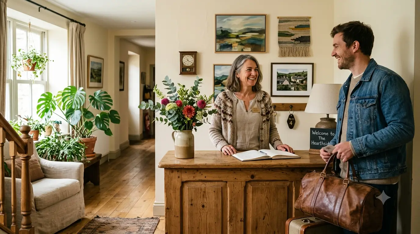 A boutique hotel host warmly greeting a guest at a small reception desk topped with fresh flowers.