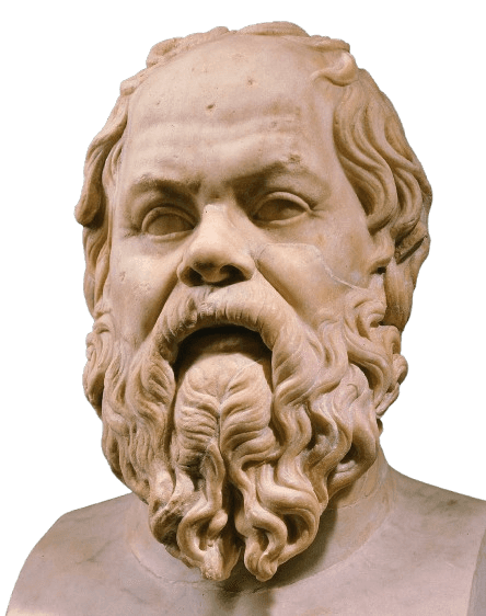 A detailed marble bust of the ancient Greek philosopher Socrates, featuring his distinctive bald head, thick curly beard, and expressive facial features. The sculpture captures the philosopher's iconic look, with a furrowed brow and open mouth, conveying a sense of wisdom and contemplation. The natural texture and smooth finish of the marble highlight the classical artistry typical of ancient Greek sculptures.