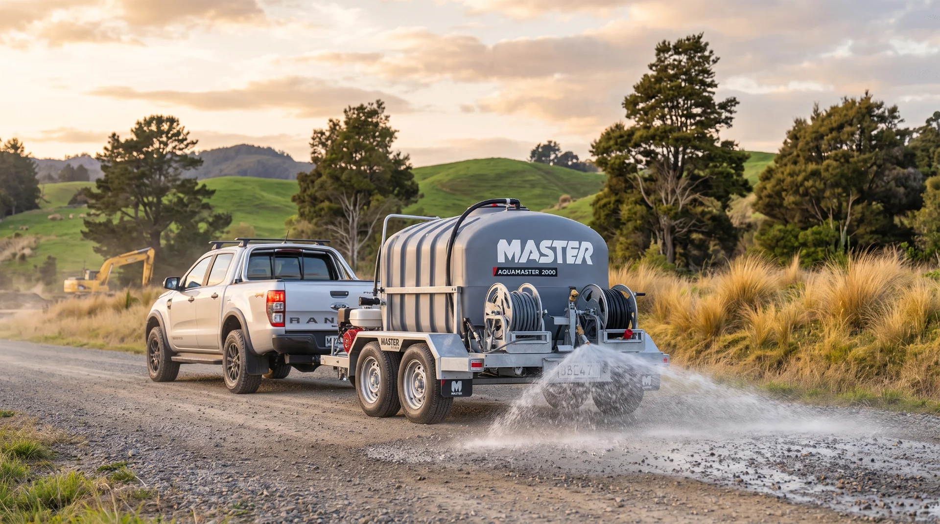Operator washing down an excavator with the AquaMaster 2000 water cart on a New Zealand earthworks site