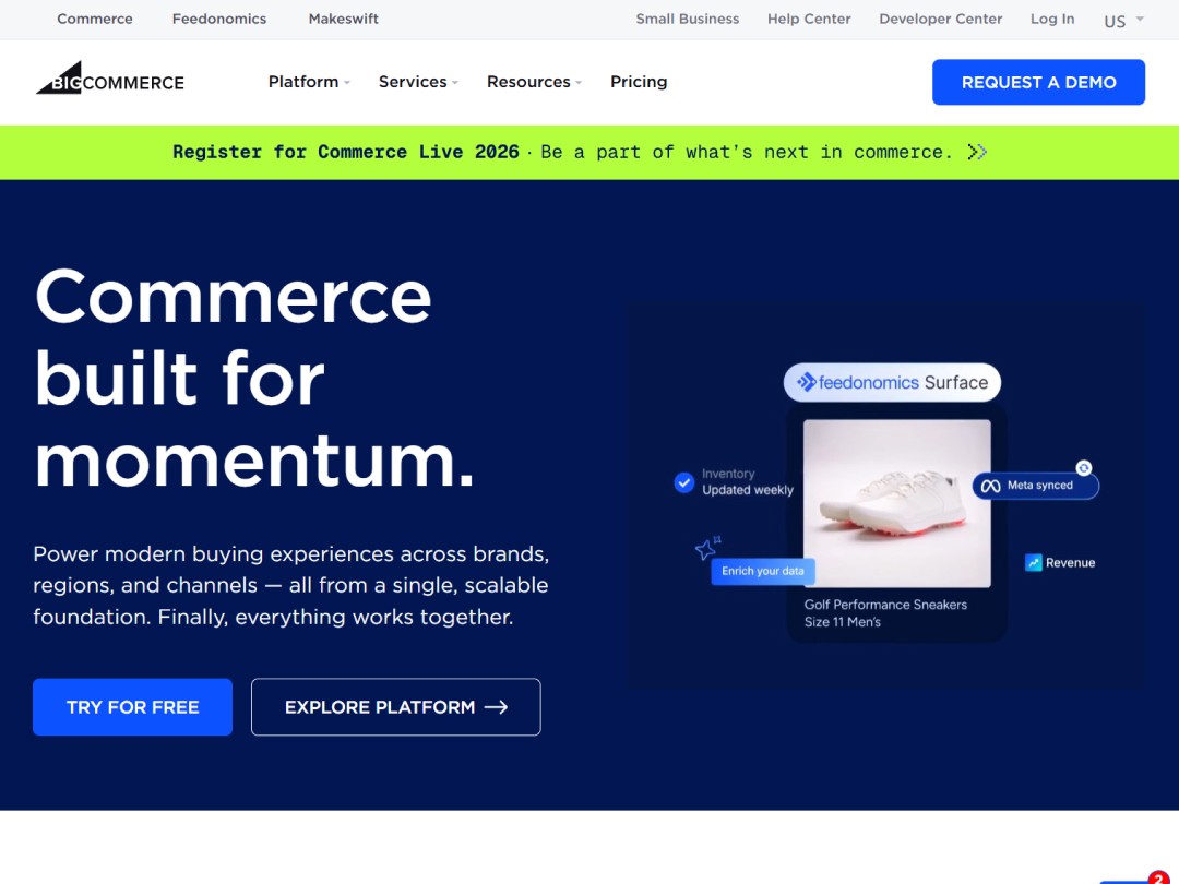 Commerce platform homepage with "Commerce built for momentum." text and product image.