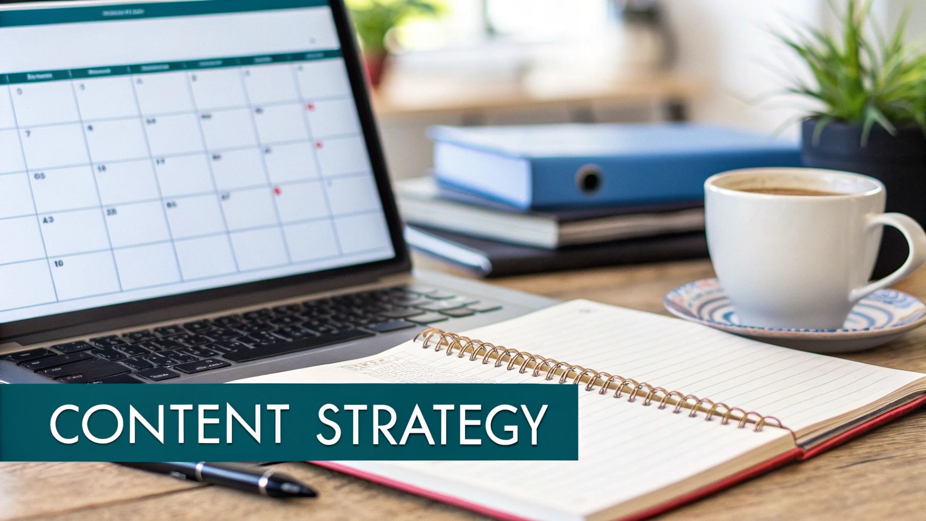 A desk with a laptop showing a calendar, an open notebook, coffee, and 'CONTENT STRATEGY' text.