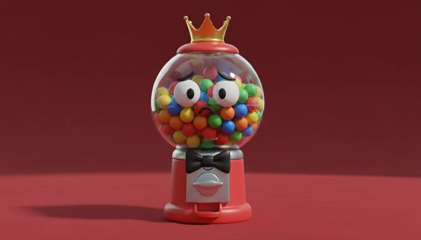 3D render of a stylized gumball machine character, Blender style. The character features a transparent glass sphere for a head, partially filled with small, colorful matte spheres. It has a simple cartoon face with a sad, worried expression, wearing a small, reflective gold crown and a black bowtie. The scene is set against a textured, solid red studio backdrop, lit by soft global illumination casting subtle shadows. Medium close-up shot, high detail.