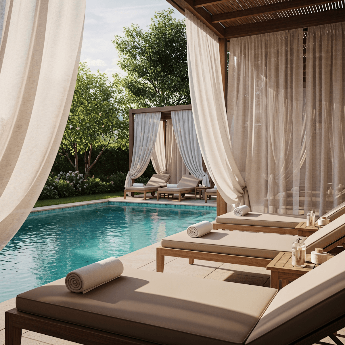 Stylish lounge chairs by the pool in a luxury resort
