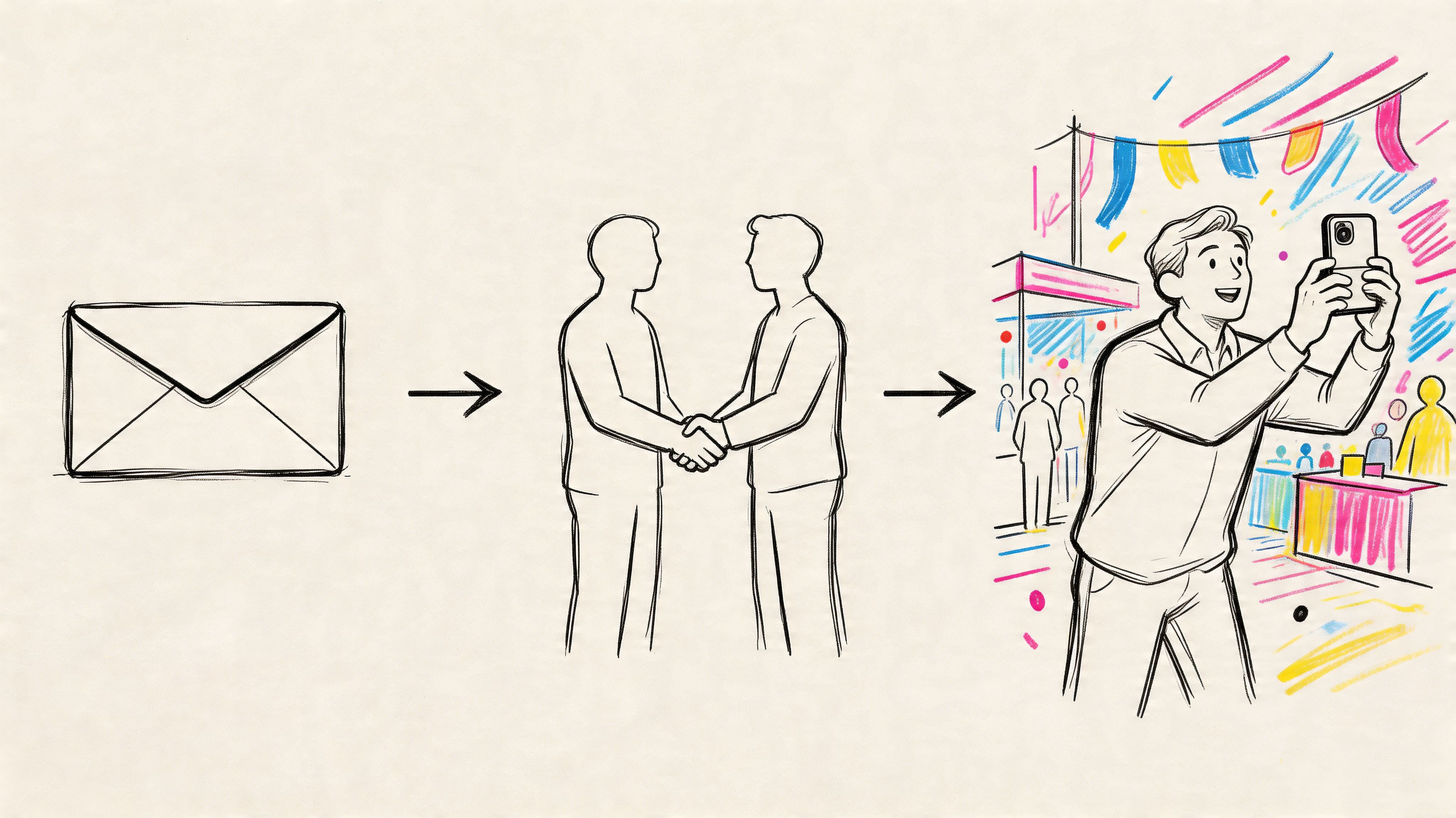 A conceptual illustration showing an email invitation leading to a business handshake and ending with an influencer photo.
