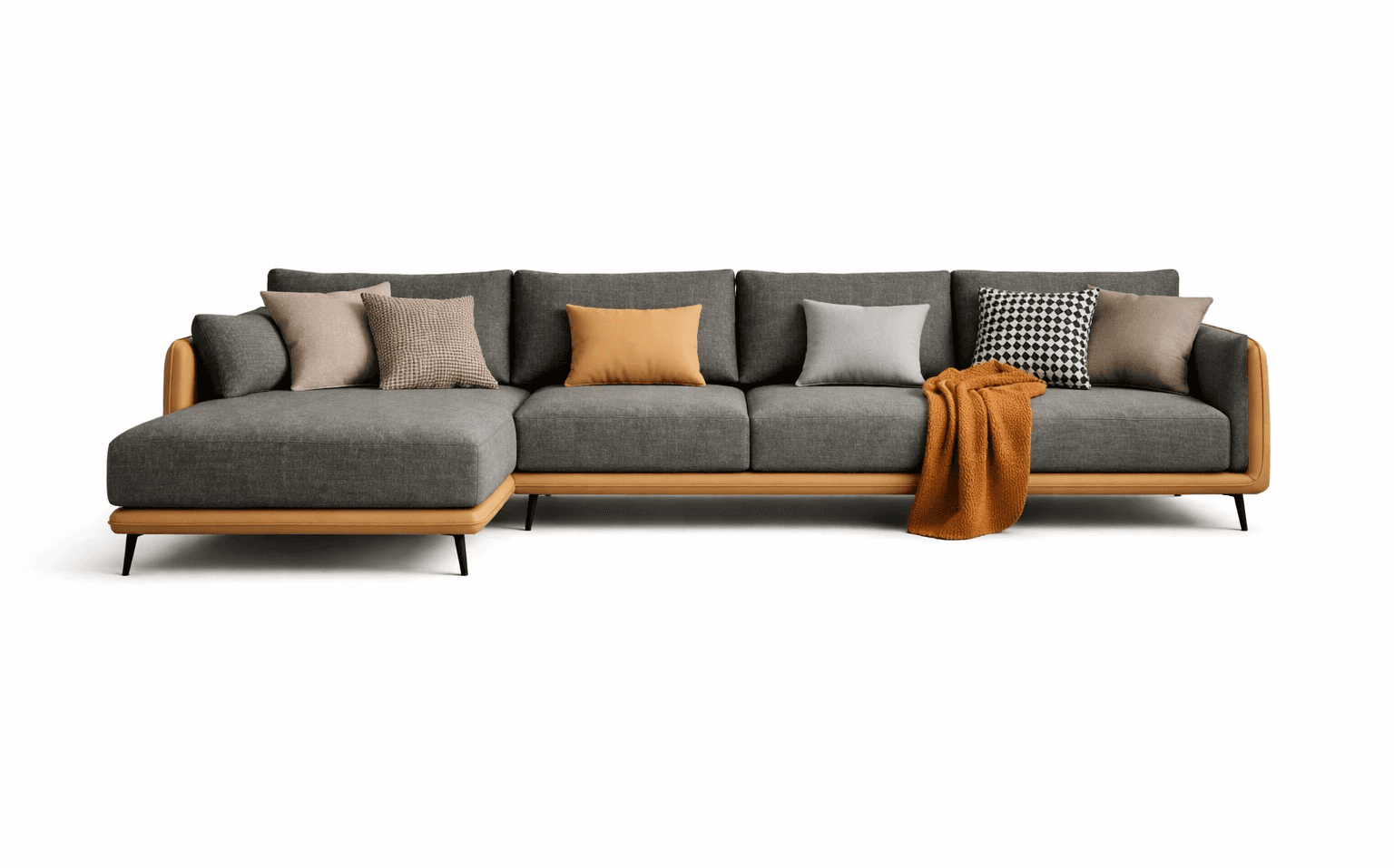 Dark‑toned lounge sofa with plush cushions and intimate, moody characte