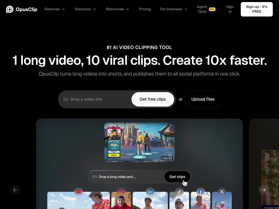 OpusClip AI video clipping tool homepage showing interface to convert long videos into viral short clips for social media