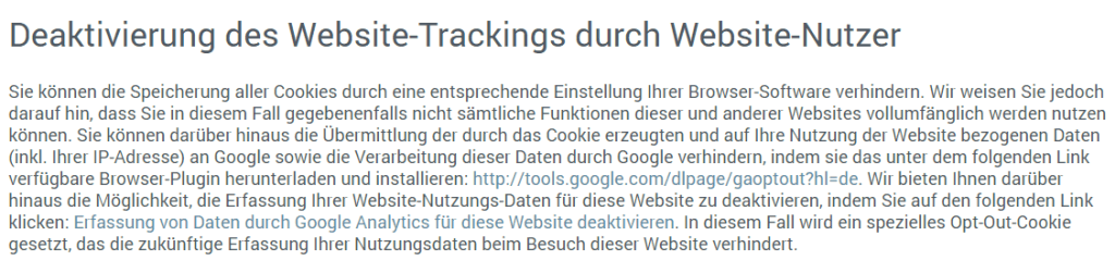 Auszug aus Datenschutzseite zur Deaktivierung des Website-Trackings durch Website-Nutzer