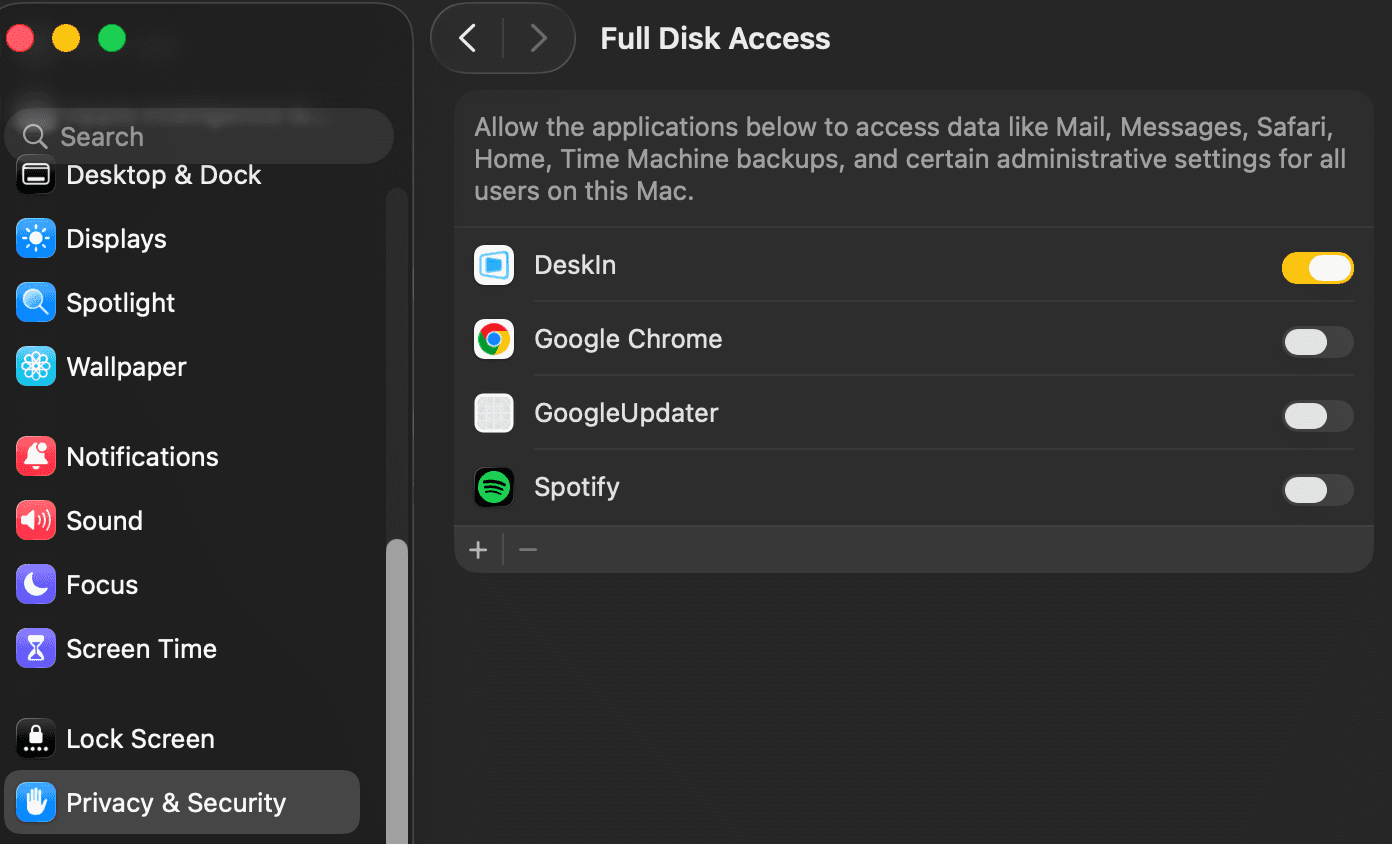 Enable DeskIn for mac full disk access