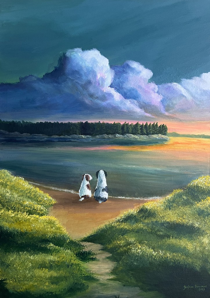 Two spanish water dogs sitting next to each other and watching the sunset.