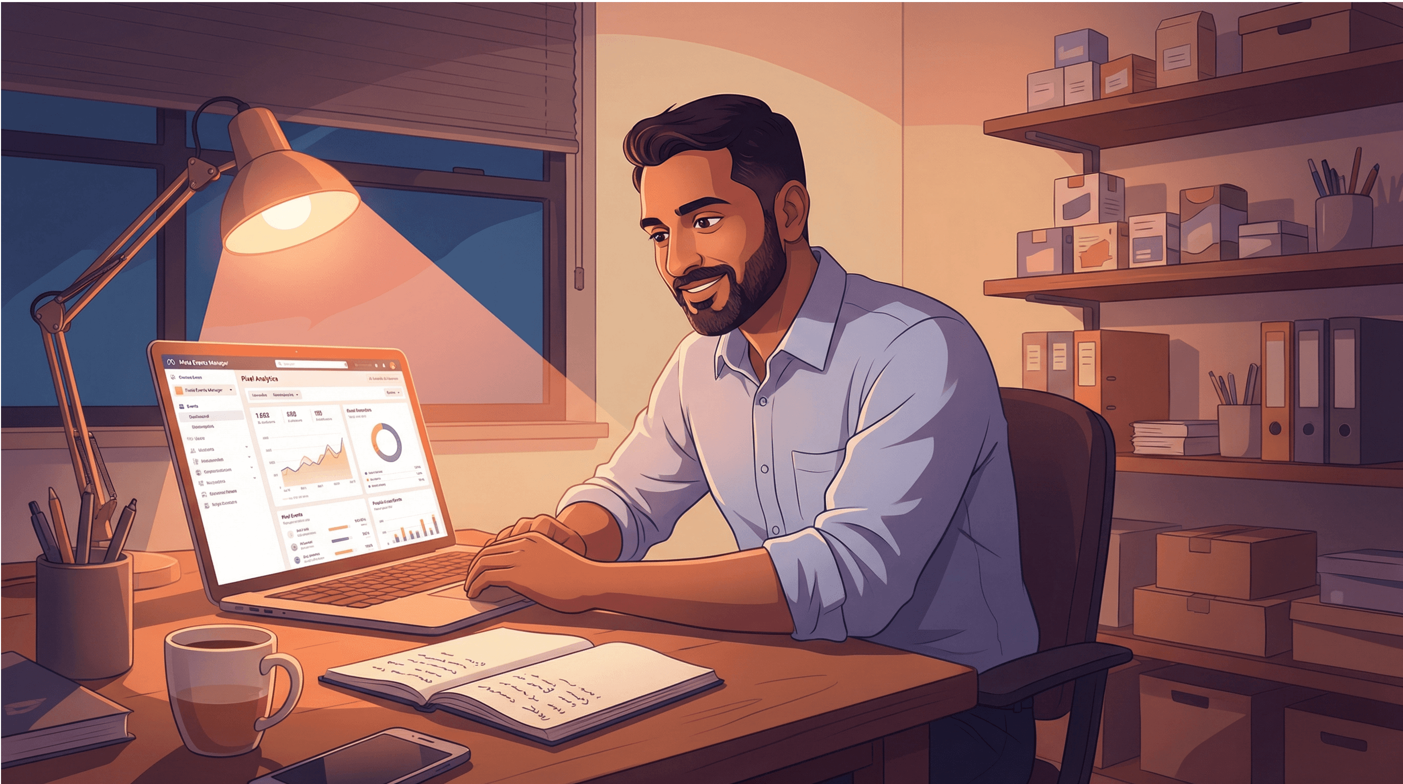 Kleinunternehmer arbeitet abends am Schreibtisch und überprüft Meta Pixel Analytics-Dashboard auf Laptop in warmem Bürolicht mit Geschäftsmaterialien im Hintergrund