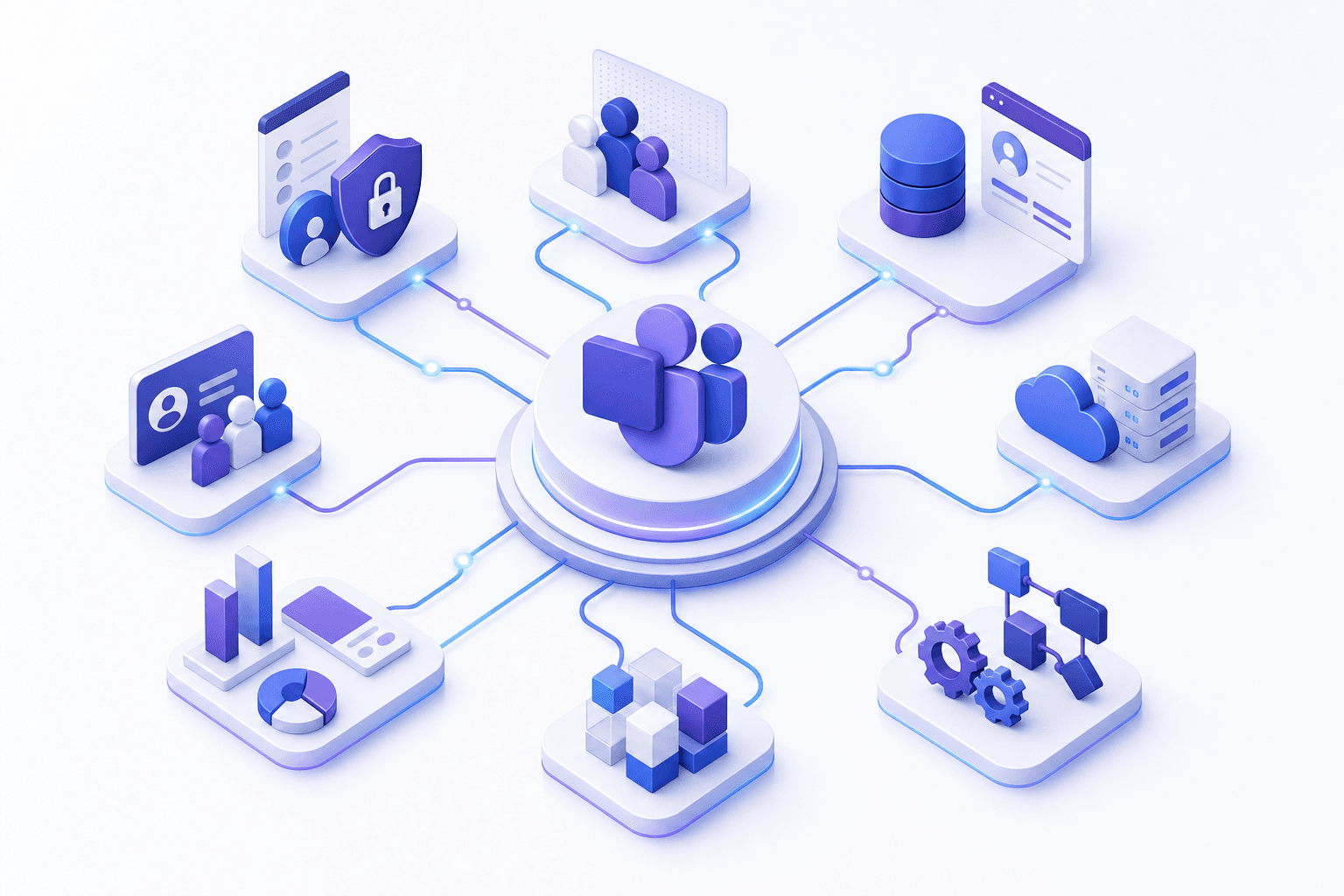 Professional IT infrastructure diagram showing Microsoft Teams platform at the center, with connection pathways branching to various enterprise systems like identity providers, HRIS systems, and workflow automation tools. Clean, modern isometric style with blues and purples. Abstract representation of system integration and platform architecture compatibility. No text or letters visible.