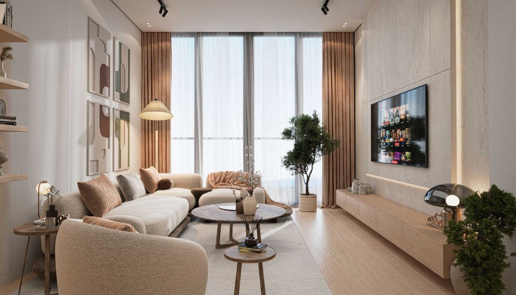 A contemporary living room with a spacious window, highlighted by azure Lapis decor for a stylish look.