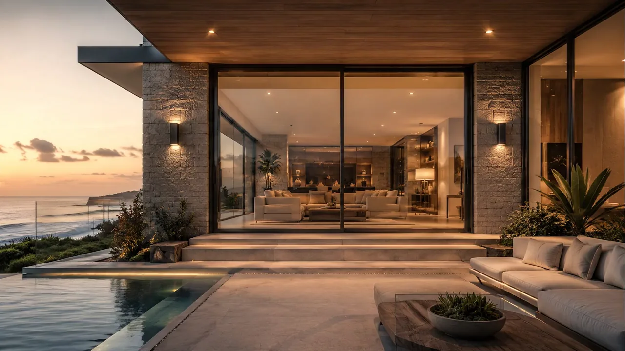 A coastal residence at dusk, terrace opening to the Pacific