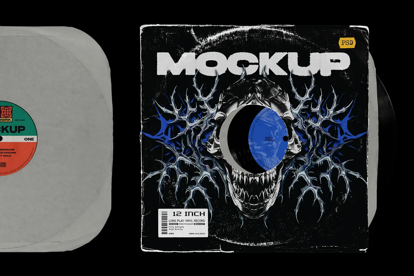 Vinyl record mockup inner sleeve with editable cover and visible vinyl record