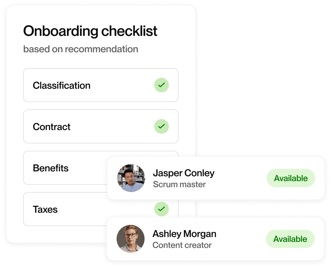 Onboarding checklist based on recommendation, showing items: Classification, Contract, Benefits, Taxes. Next to it 2 talent cards showing the status label: available.