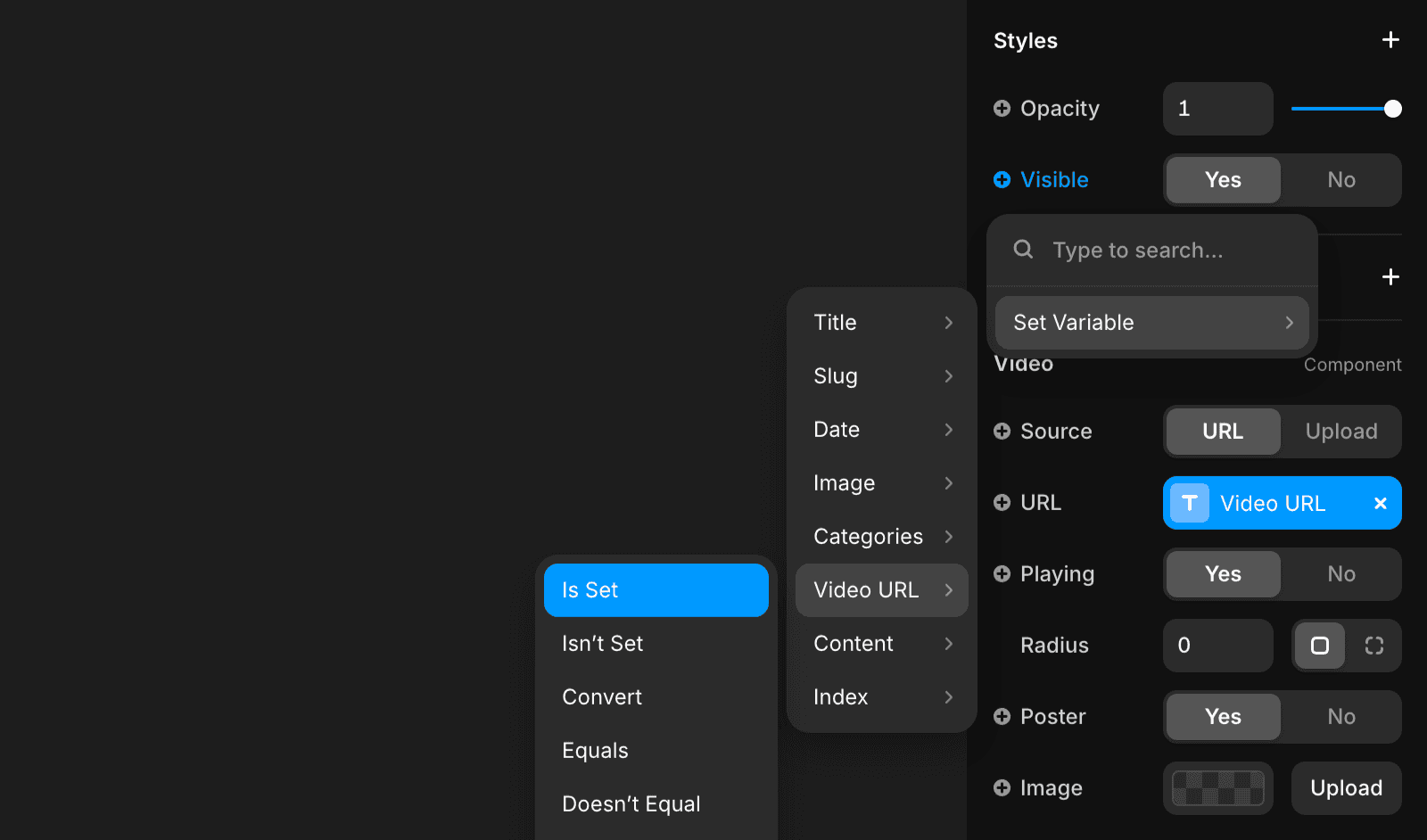 Framer 样式面板的截图，展示如何为视频组件设置条件可见性。面板显示了“可见”选项，并已选择“设置变量”，其中“视频 URL”字段的“已设置”条件被高亮显示。这演示了如何使视频组件仅在 CMS 项目具有可用视频内容时才显示。
