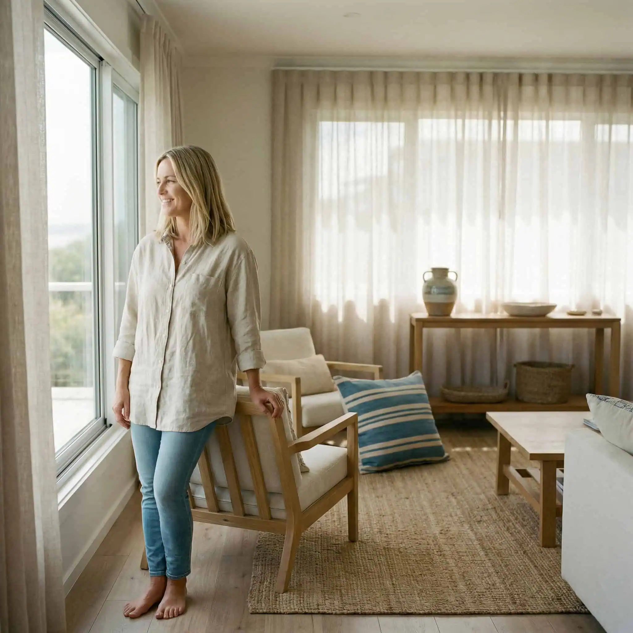 Vacation rental host standing in a calm coastal living space, representing direct booking and personal care
