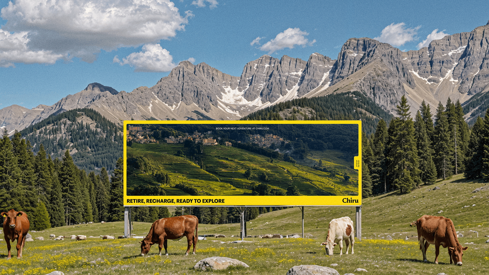 A large yellow digital billboard displays a scenic landscape of rolling green hills and towering gray mountains under a bright blue sky with scattered clouds. Four cows graze peacefully in the foreground: two brown, one white, and one reddish-brown. The billboard features text reading “TITRE, RECHARGE, READY TO EXPLORE” and “Citir” in the bottom right corner.